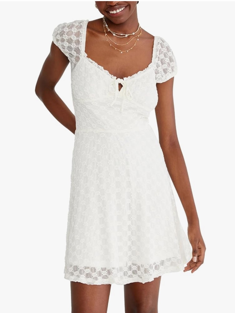 NWT Aeropostale Eyelet Short Sleeve Bustier Mini Dress with Tie Neck